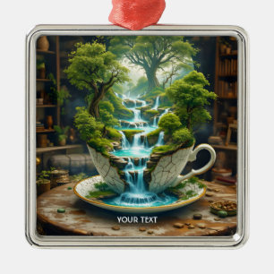 Fantasy Cute Teacup Flowing Landscape Metal Ornament