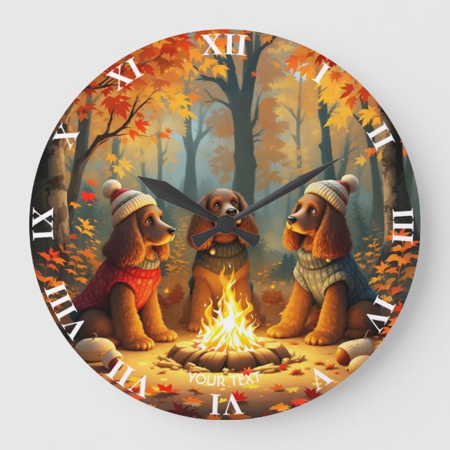 Fantasy Cute Three Autumn Dogs Large Clock (Front)