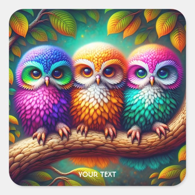 Fantasy Cute Three Vibrant Owls Square Sticker (Front)