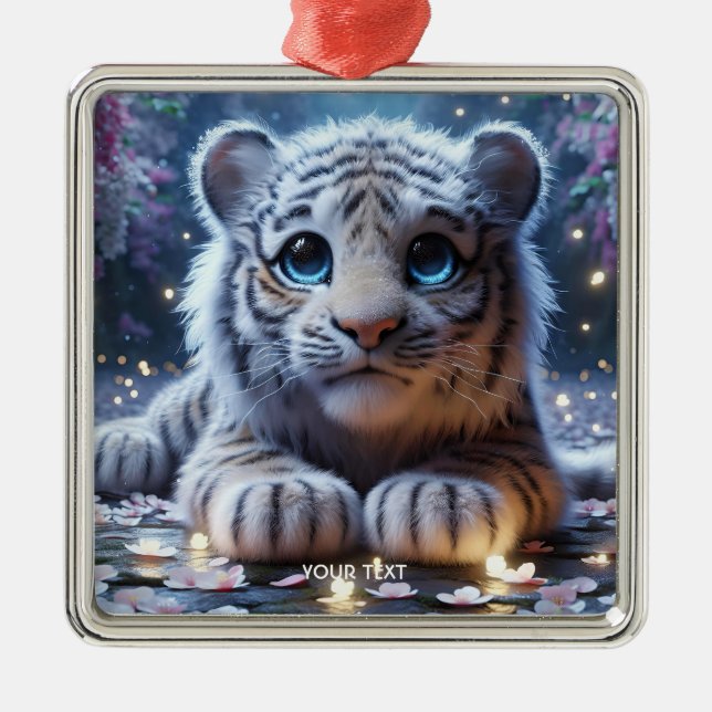 Fantasy Cute Tiger White Baby Metal Ornament (Front)