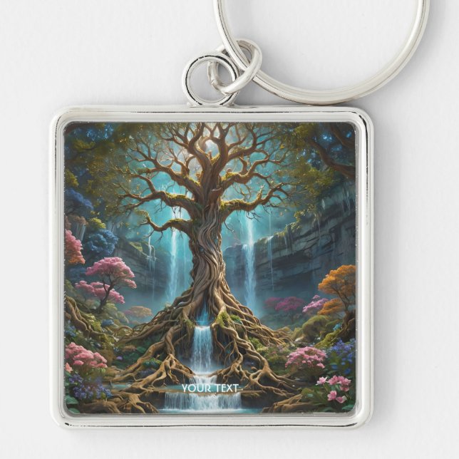 Fantasy Cute Tree Waterfall Forest Keychain (Front)