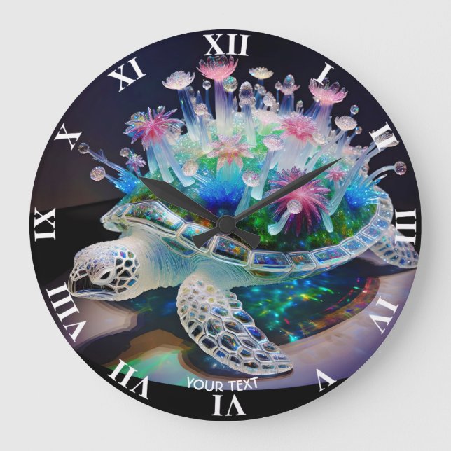 Fantasy Cute Turtle Glass Flowers Large Clock (Front)