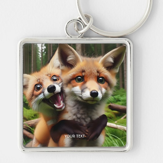 Fantasy Cute Two Foxes Forest  Keychain (Front)