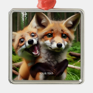 Fantasy Cute Two Foxes Forest Metal Ornament