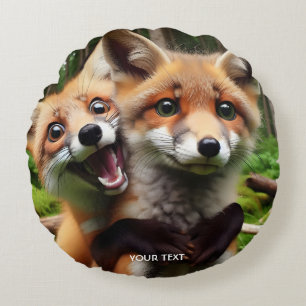 Fantasy Cute Two Foxes Forest  Round Pillow