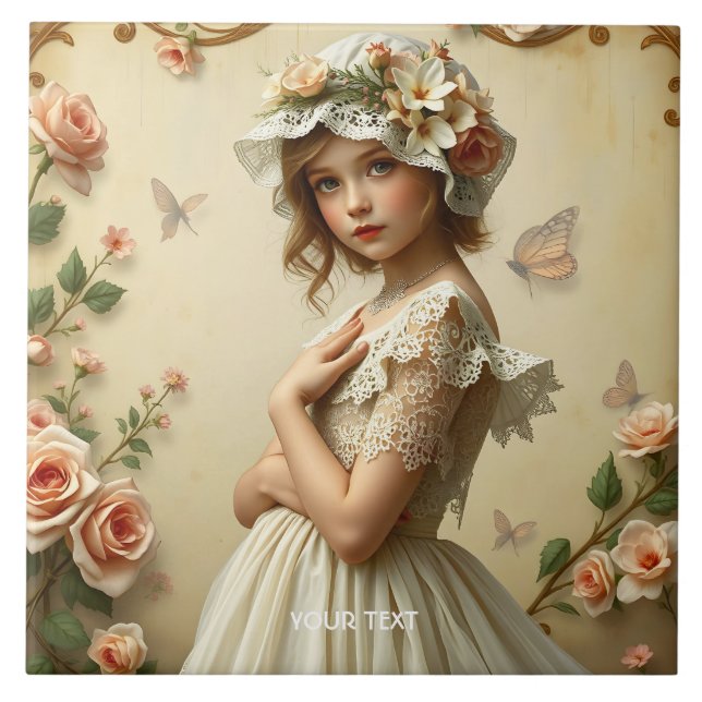 Fantasy Cute Victorian Girl Flowers Ceramic Tile (Front)