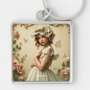 Fantasy Cute Victorian Girl Flowers Keychain