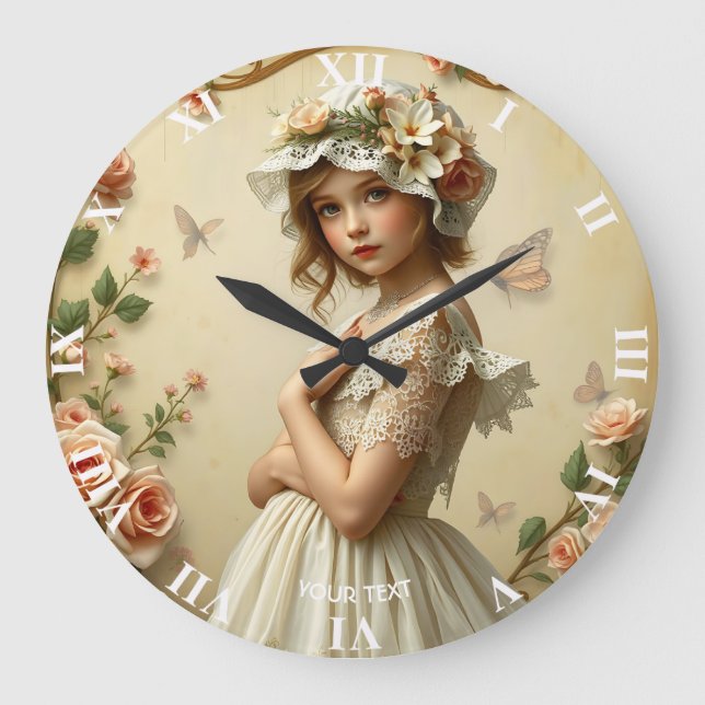 Fantasy Cute Victorian Girl Flowers Large Clock (Front)