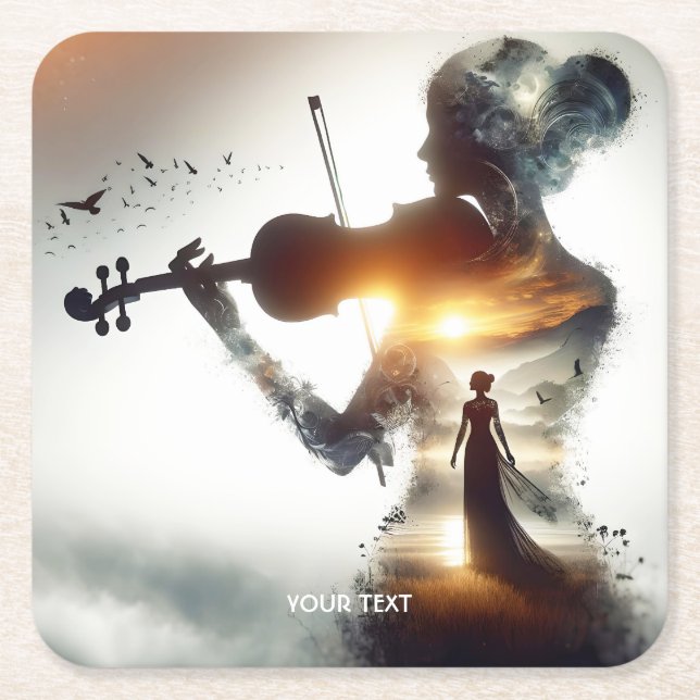 Fantasy Cute Violin Girl Sun Square Paper Coaster (Front)