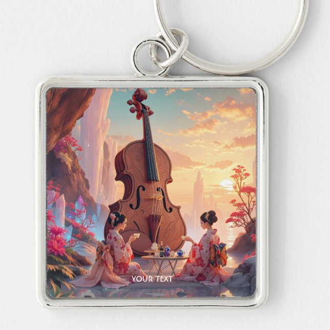 Fantasy Cute Violin Girls Tea Keychain (Front)