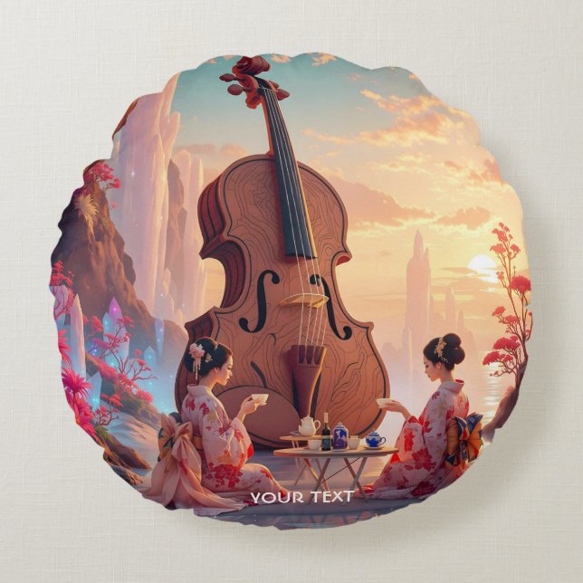 Fantasy Cute Violin Girls Tea Round Pillow (Front)