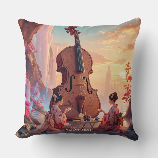 Fantasy Cute Violin Girls Tea Throw Pillow (Front)