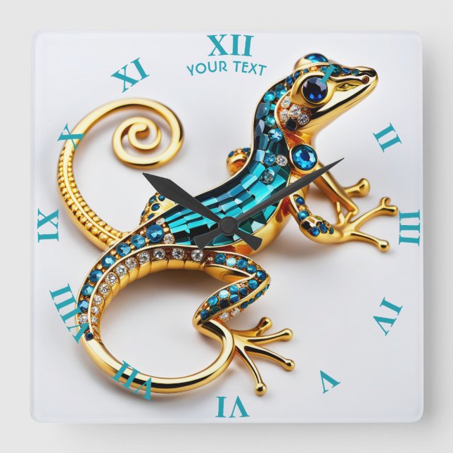 Fantasy Cute Vivid Art Deco Gecko Square Wall Clock (Front)