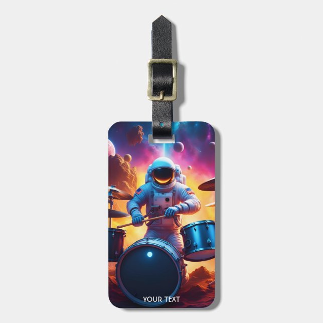 Fantasy Cute Vivid Astronaut Playing Drums Luggage Tag (Front Vertical)