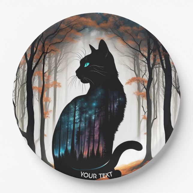 Fantasy Cute Vivid Black Cat Forest Paper Plates (Front)