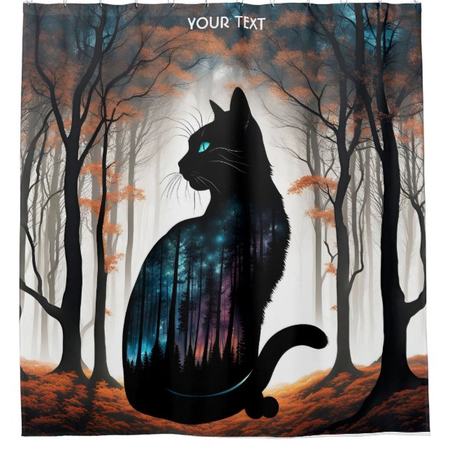 Fantasy Cute Vivid Black Cat Forest Shower Curtain (Front)