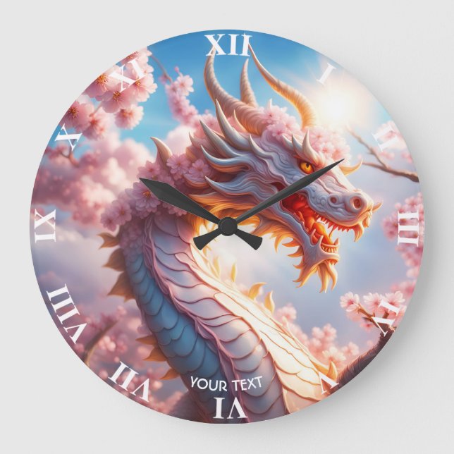 Fantasy Cute Vivid Blossom Pink Dragon Large Clock (Front)