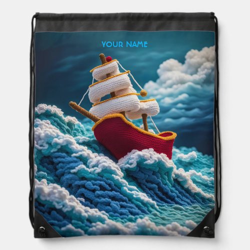 Fantasy Cute Vivid Crochet Ship Waves Drawstring Bag