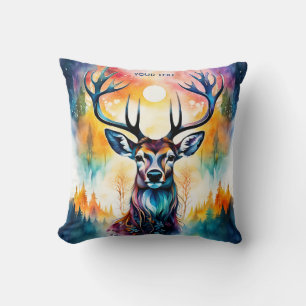 Fantasy Cute Vivid Deer Watercolor Forest Throw Pillow