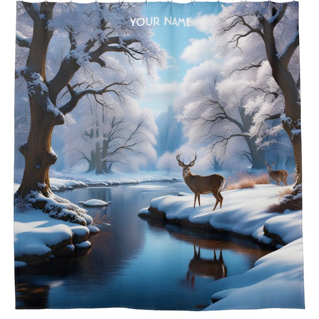 Fantasy Cute Vivid Deer Winter River Shower Curtain (Front)