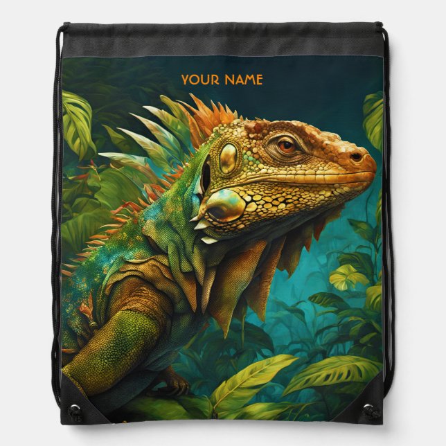 Fantasy Cute Vivid Flowers Majestic Iguana Drawstring Bag (Front)