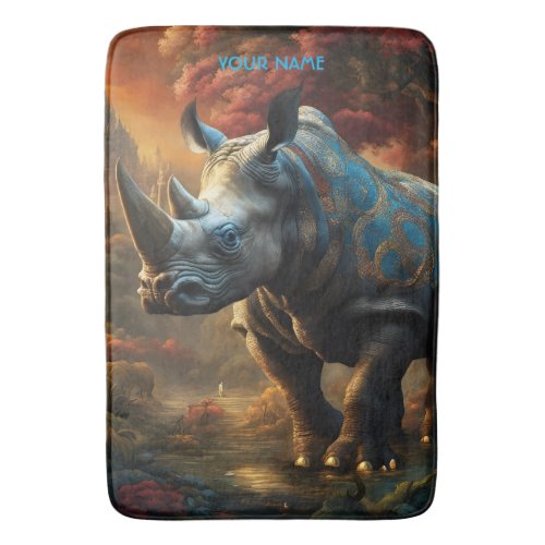 Fantasy Cute Vivid Flowers Majestic Rhino Bath Mat