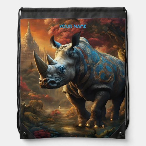 Fantasy Cute Vivid Flowers Majestic Rhino Drawstring Bag