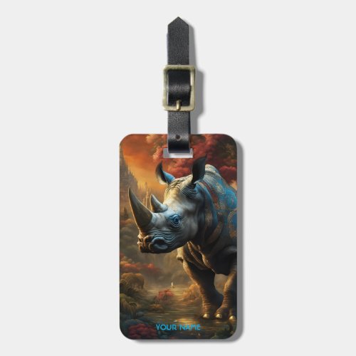 Fantasy Cute Vivid Flowers Majestic Rhino Luggage Tag