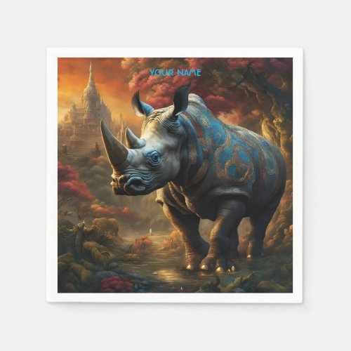 Fantasy Cute Vivid Flowers Majestic Rhino Napkins