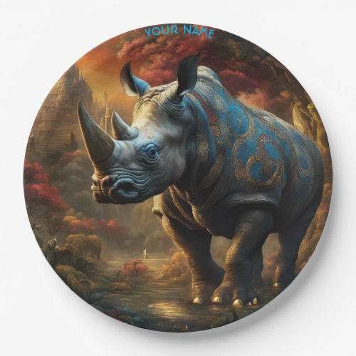 Fantasy Cute Vivid Flowers Majestic Rhino Paper Plates