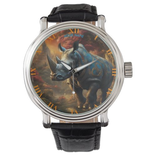 Fantasy Cute Vivid Flowers Majestic Rhino Watch