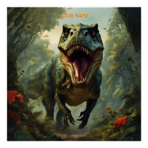Fantasy Cute Vivid Flowers Majestic T-Rex Poster