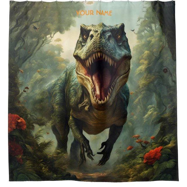 Fantasy Cute Vivid Flowers Majestic T-Rex Shower Curtain (Front)
