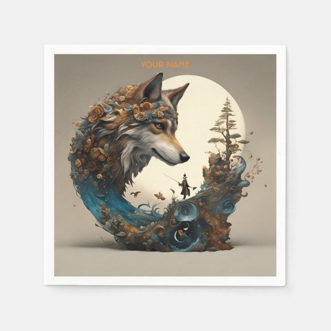Fantasy Cute Vivid Flowers Wolf Wizard Napkins (Front)