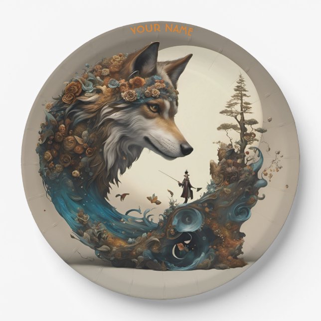 Fantasy Cute Vivid Flowers Wolf Wizard Paper Plates (Front)