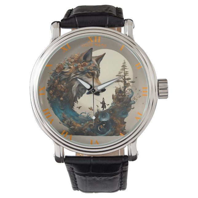 Fantasy Cute Vivid Flowers Wolf Wizard Watch (Front)