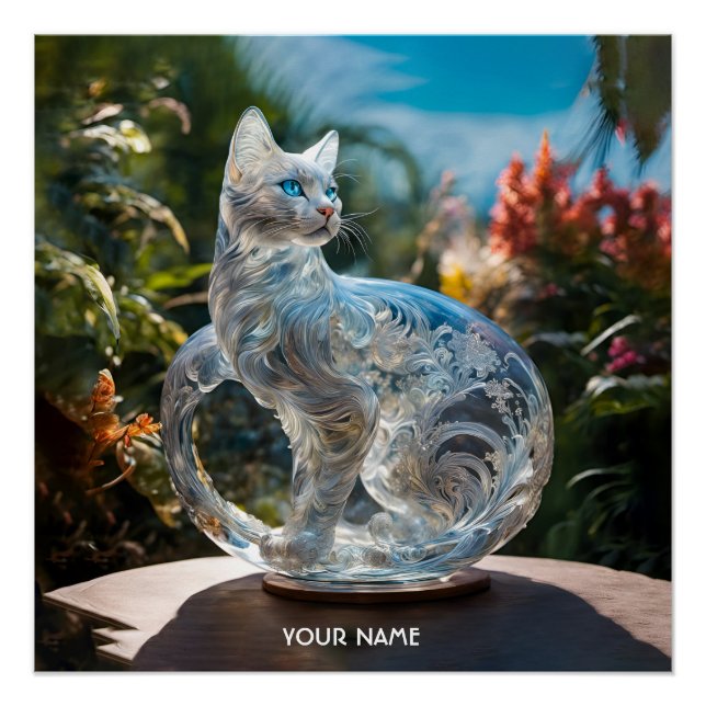 Fantasy Cute Vivid Glass Cat Flowers Poster (Front)
