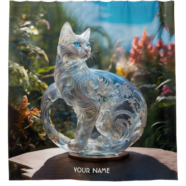 Fantasy Cute Vivid Glass Cat Flowers Shower Curtain (Front)