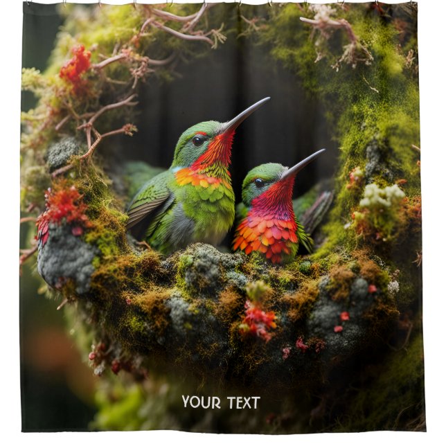 Fantasy Cute Vivid Hummingbird Nest Moss Shower Curtain (Front)