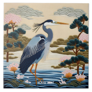 Fantasy Cute Vivid Japanese Heron Blue Ceramic Tile