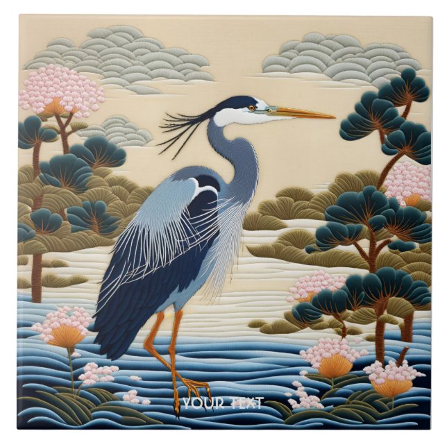 Fantasy Cute Vivid Japanese Heron Blue Ceramic Tile (Front)