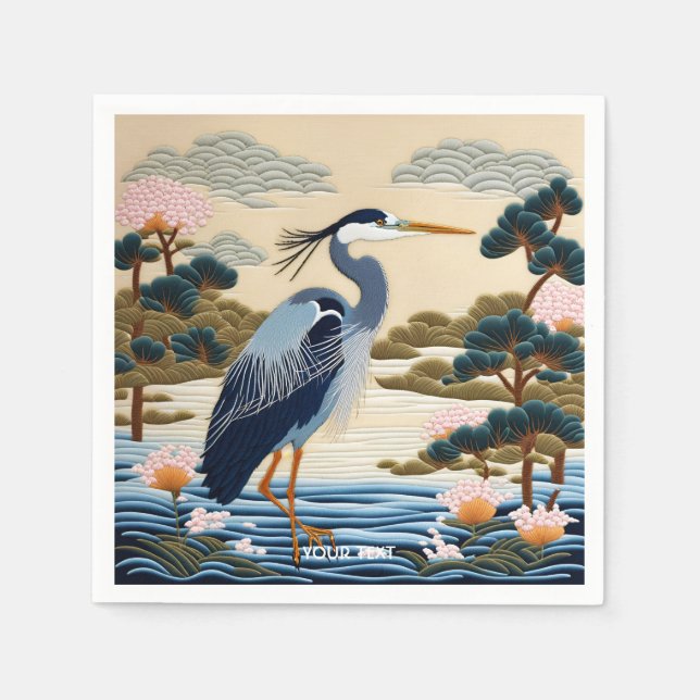 Fantasy Cute Vivid Japanese Heron Blue Napkins (Front)