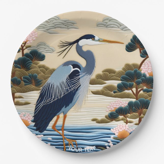 Fantasy Cute Vivid Japanese Heron Blue Paper Plates (Front)