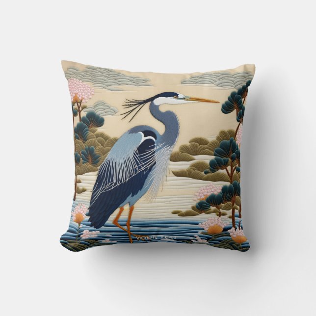 Fantasy Cute Vivid Japanese Heron Blue Throw Pillow (Front)