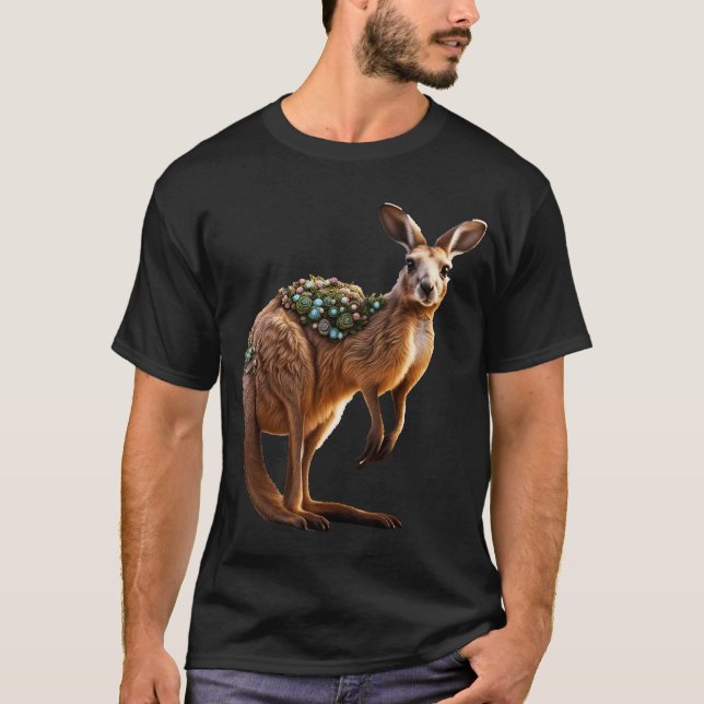 Fantasy Cute Vivid Kangaroo Portrait Flowers T-Shirt (Front)