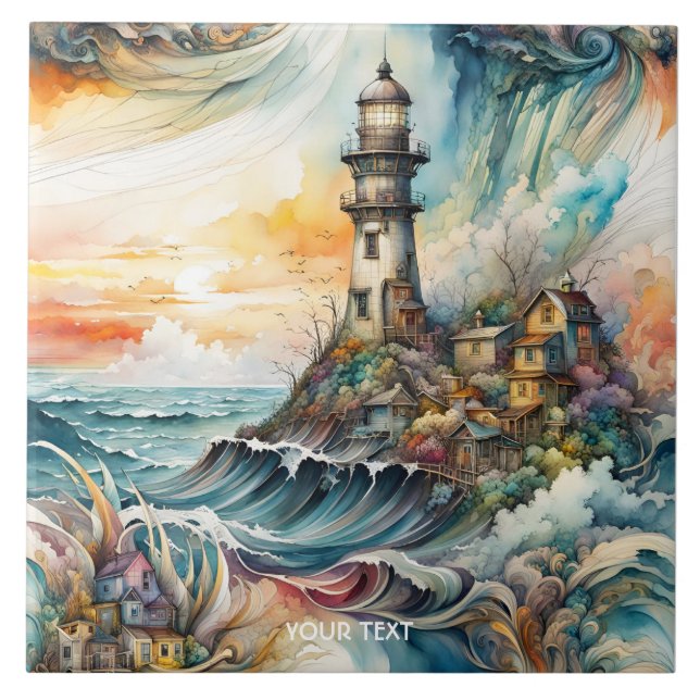 Fantasy Cute Vivid Lighthouse Cartoon Storm Ceramic Tile (Front)