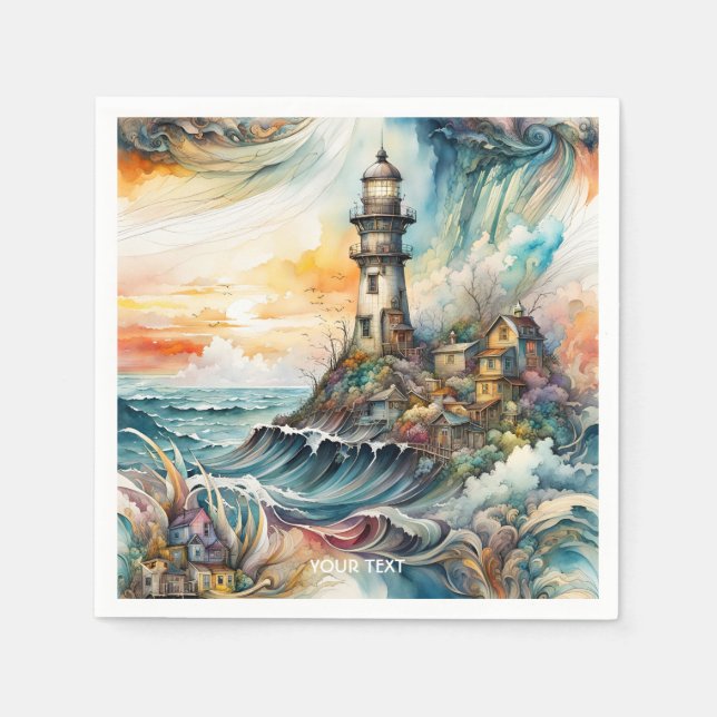 Fantasy Cute Vivid Lighthouse Cartoon Storm Napkins (Front)