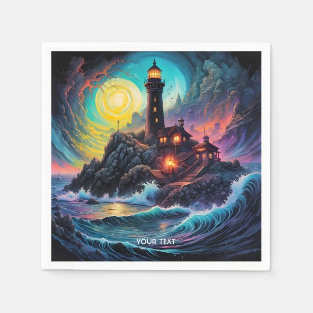 Fantasy Cute Vivid Lighthouse Sea Night Napkins (Front)