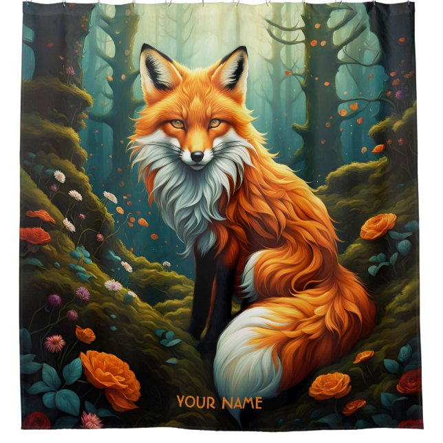 Fantasy Cute Vivid Majestic Fox Flowers Shower Curtain (Front)