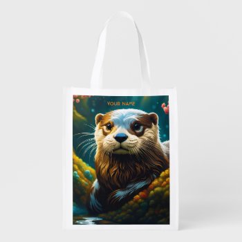 Fantasy Cute Vivid Majestic Otter Flowers Grocery Bag by HumusInPita at Zazzle